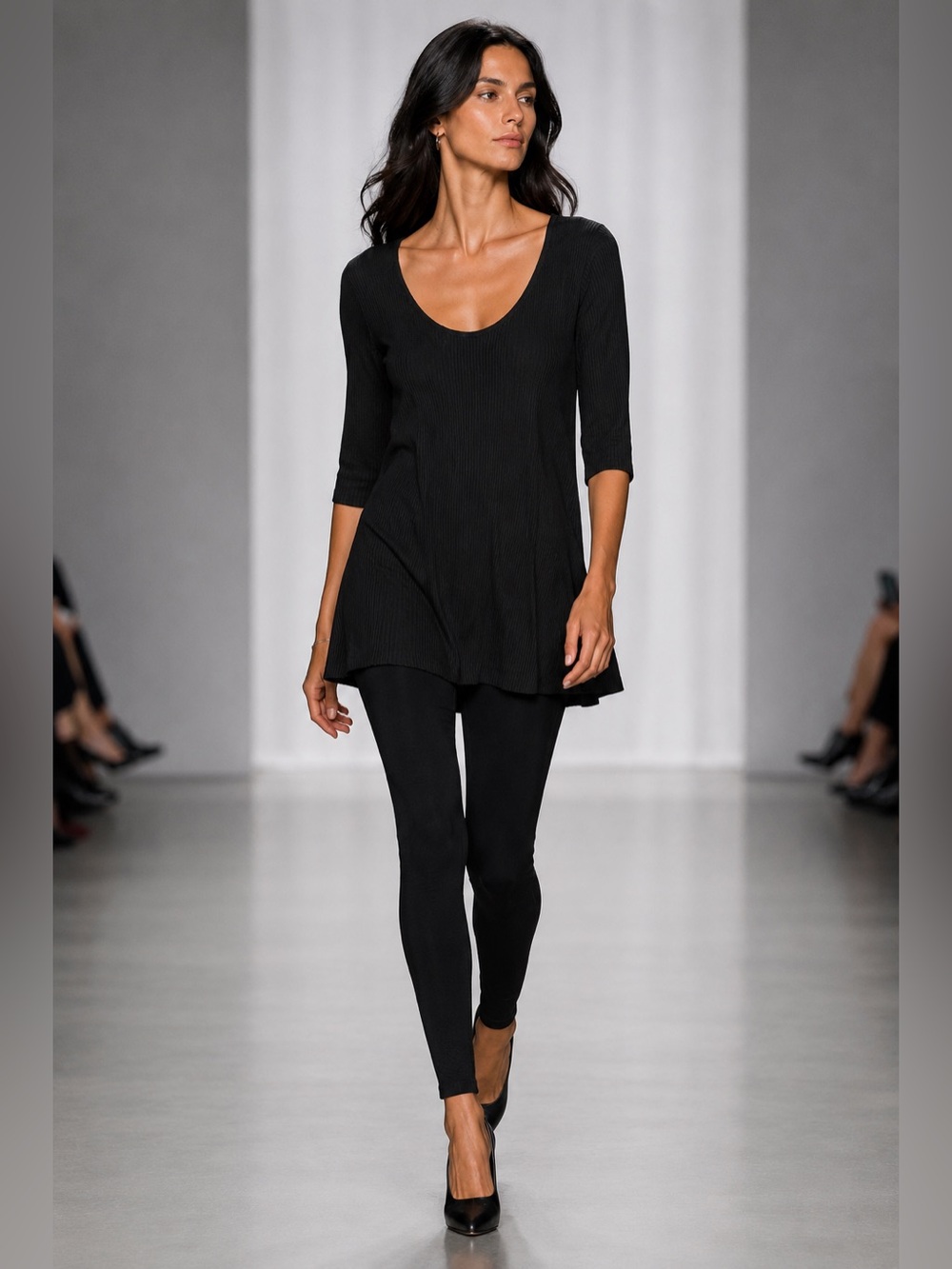 CLAUDE MONTANA Black Ribbed Viscose Tunic Top